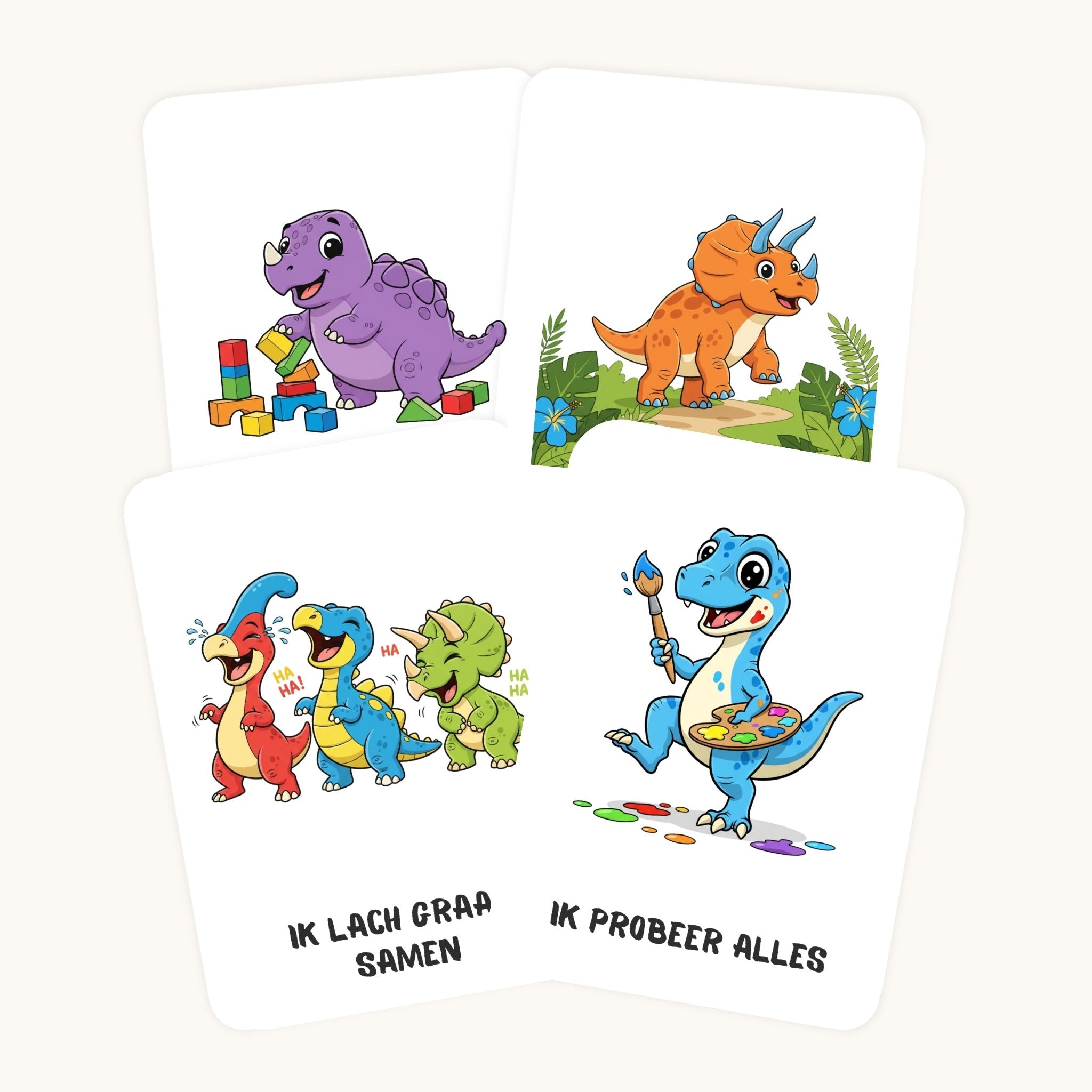 Detail van affirmatiekaarten voor kleuters met dino&