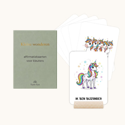 Affirmatiekaarten voor kleuters met eenhoorns met houten houder