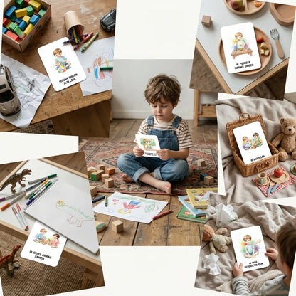 Speelse collage van A7 affirmatiekaarten voor kleuters jongens in stoere aquarel kleuren, getoond in het dagelijks leven van een kind