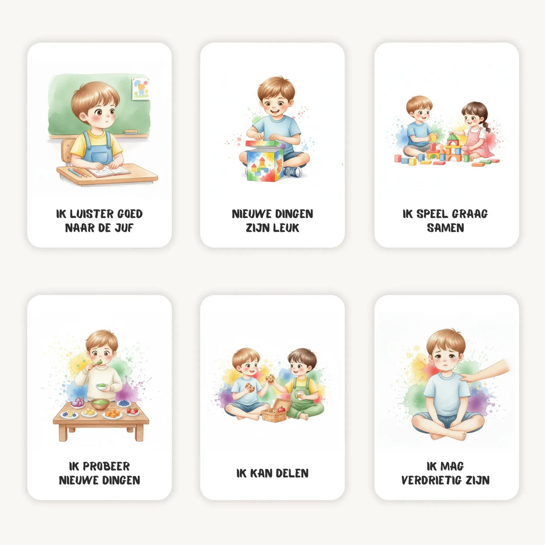 Flatlay van zes A7 affirmatiekaarten voor kleuters jongens in stoere aquarel kleuren op een lichte achtergrond
