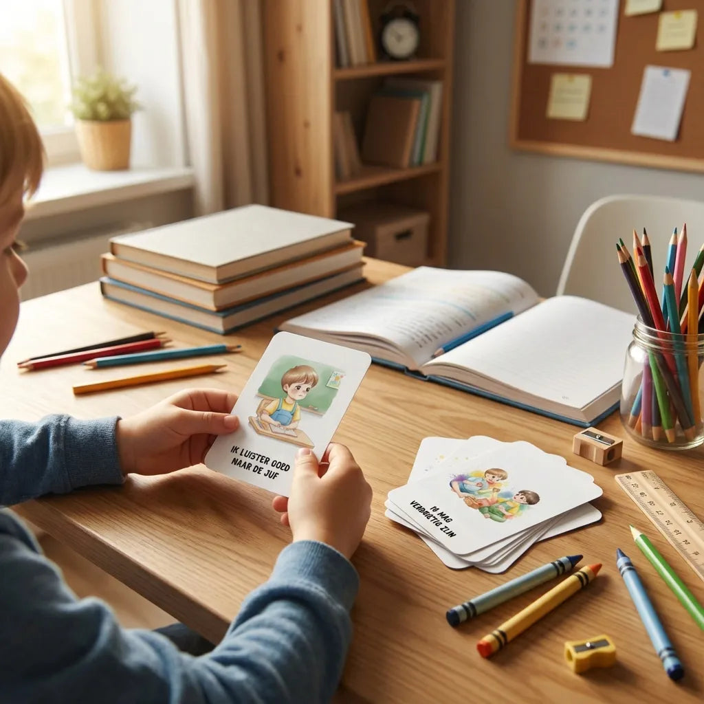 Kleuterjongen van vijf jaar gebruikt een A7 affirmatiekaart in stoere aquarel kleuren tijdens een rustig speelmoment