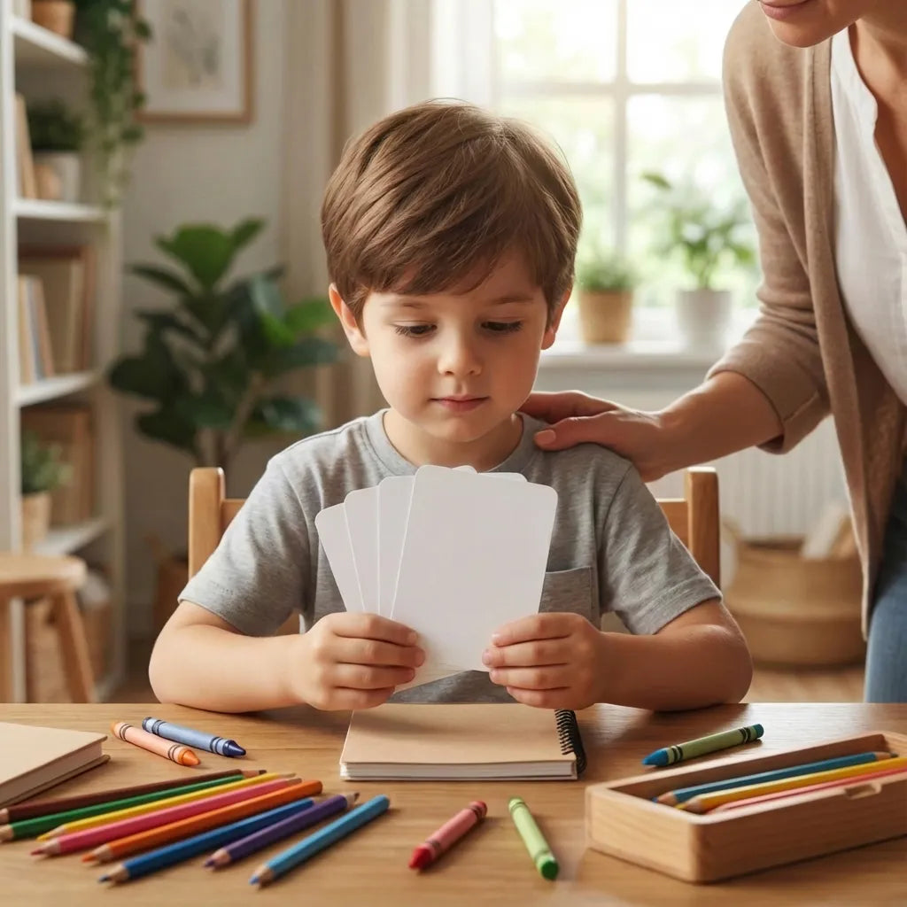 Ouder en kleuterjongen gebruiken samen A7 affirmatiekaarten voor kleuters jongens in stoere aquarel kleuren