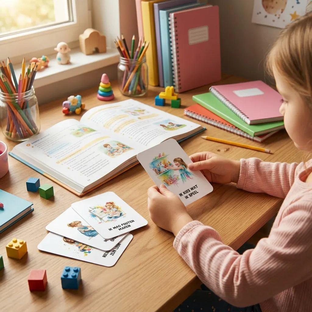 5 jarig meisje dat een A7 affirmatiekaart voor kleuters vasthoudt en bekijkt, uitgevoerd in zachte aquarel kleuren