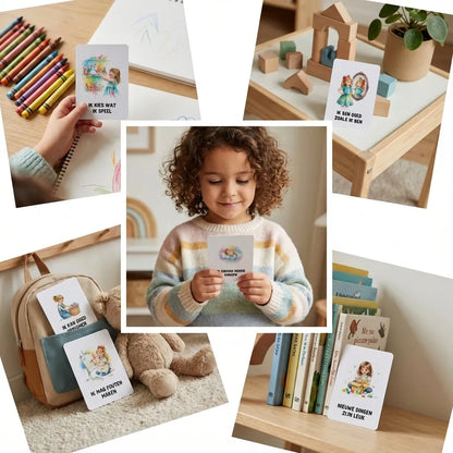 Collage van A7 affirmatiekaarten voor kleuters meisjes in zachte aquarel kleuren, speels geïntegreerd in het dagelijks leven van een 5 jarig kind