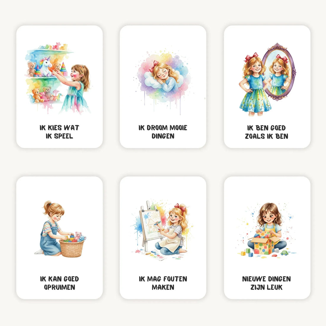 Flatlay van zes A7 affirmatiekaarten voor kleuters meisjes in zachte aquarel kleuren op een lichte achtergrond