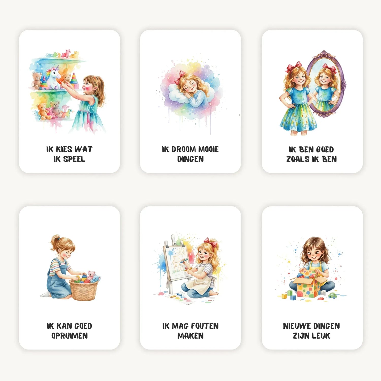Flatlay van zes A7 affirmatiekaarten voor kleuters meisjes in zachte aquarel kleuren op een lichte achtergrond