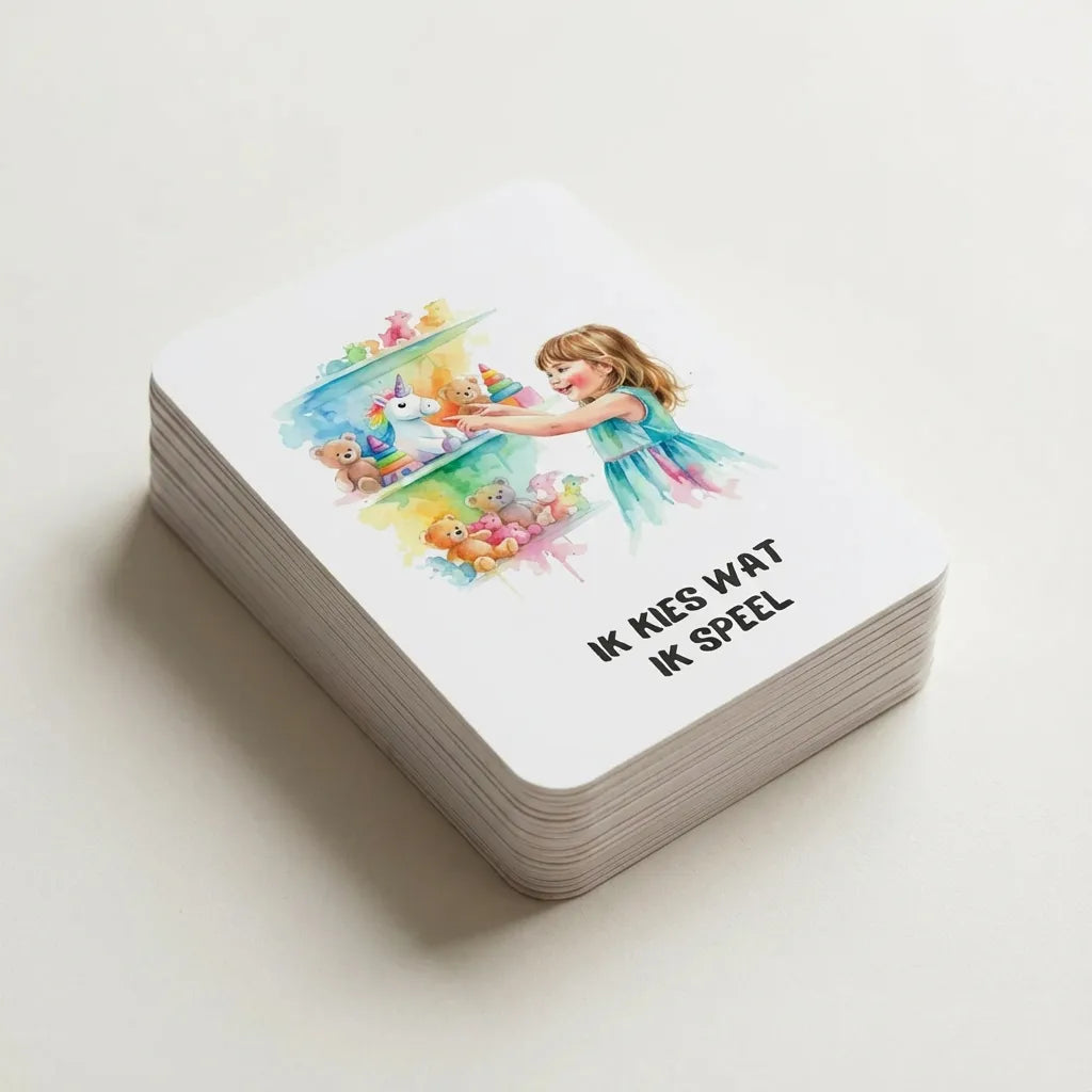 Stapel A7 affirmatiekaarten voor kleuters meisjes in zachte aquarel kleuren, compact en overzichtelijk gepresenteerd