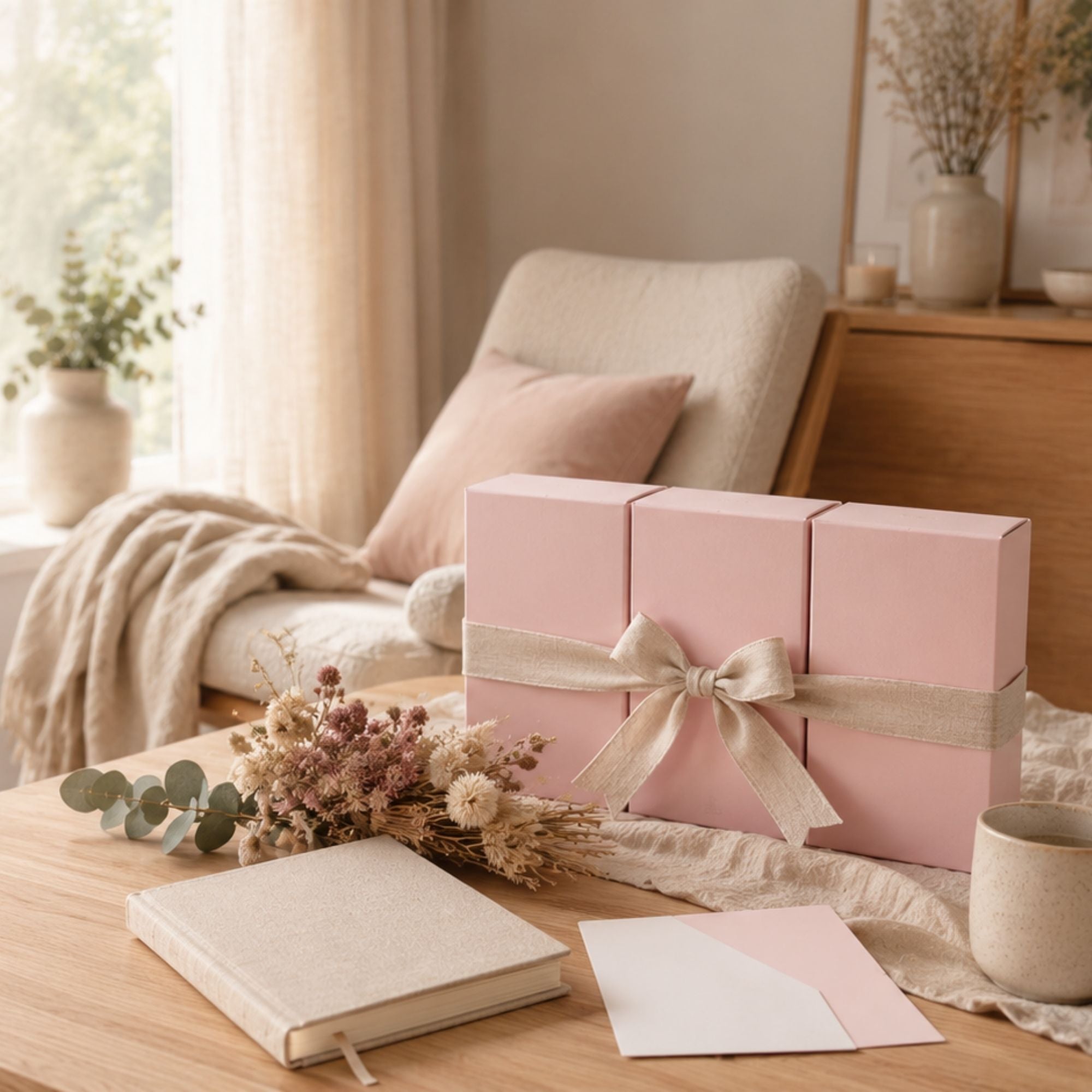 Liefdevol ingepakte cadeauset met drie zachte blushkleurige doosjes op een lichte houten tafel in een warme Scandinavische woonkamer, gestyled met een linnen notitieboekje, subtiele affirmatiekaarten, droogbloemen en zacht daglicht.