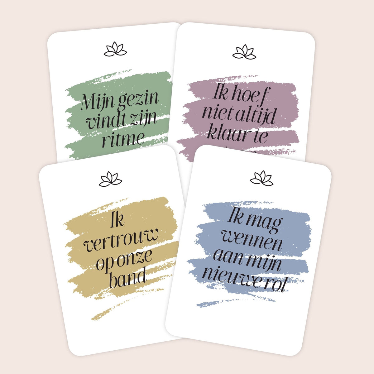 Voorbeelden van affirmatiekaarten voor na je bevalling in minimalistische stijl