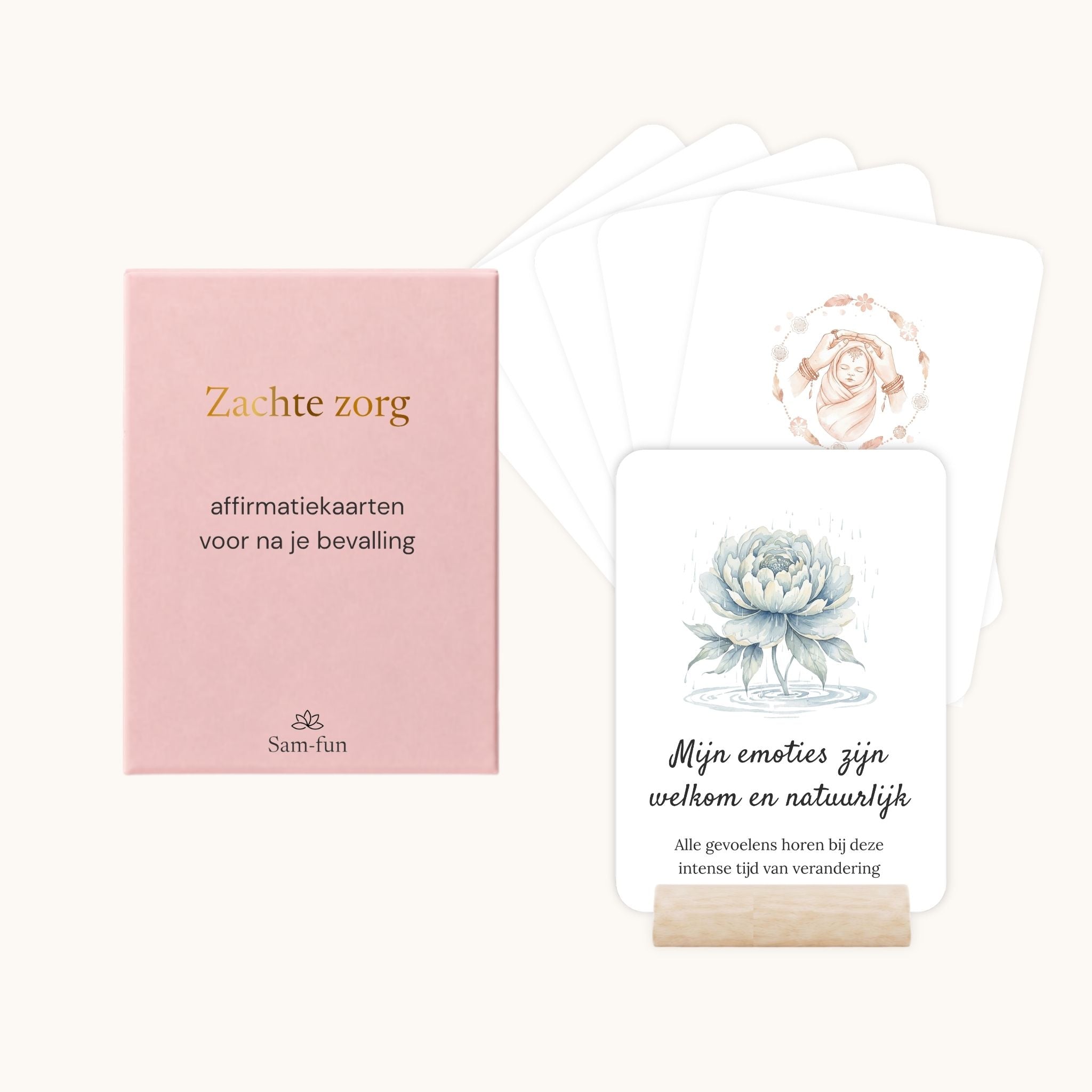 Affirmatiekaarten voor na de bevalling met subtekst in boho aquarel met houten houder