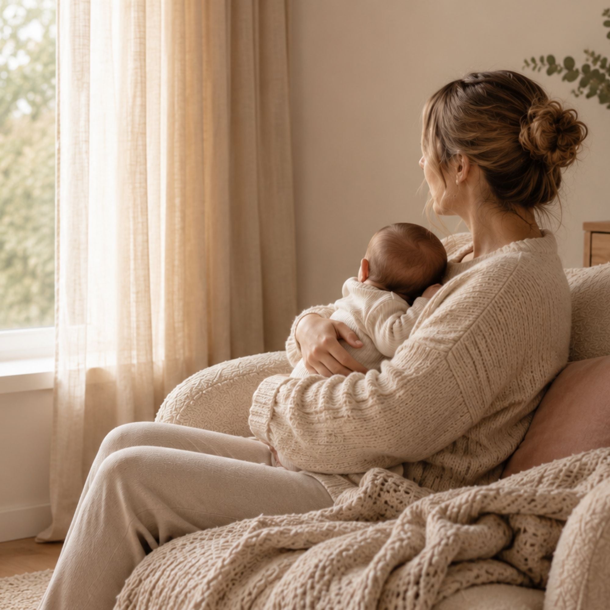 Moeder met haar baby op schoot die samen rustig uit het raam kijken in een warme, huiselijke omgeving na de bevalling.