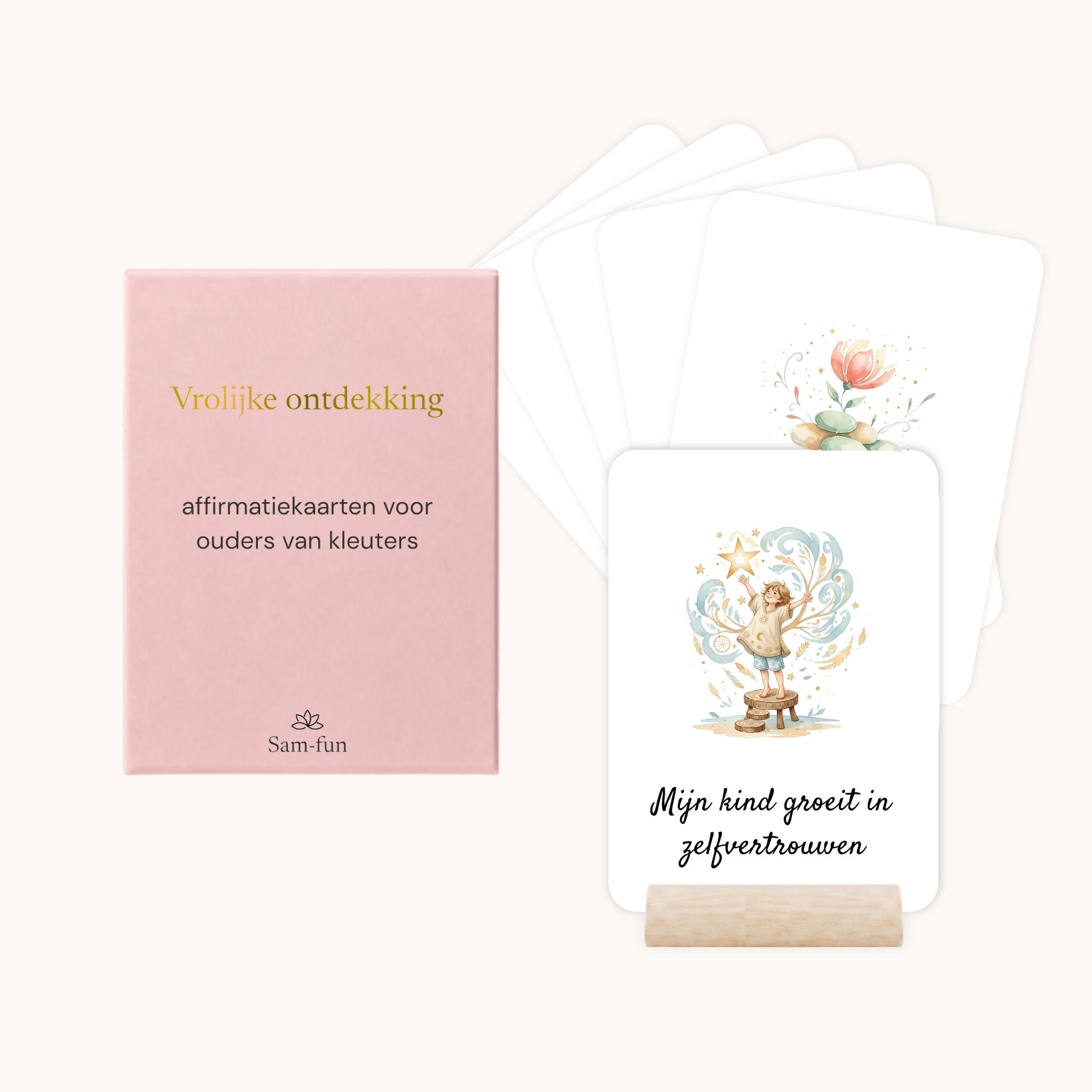 Affirmatiekaarten voor het opvoeden van kleuters in boho aquarel met houten houder