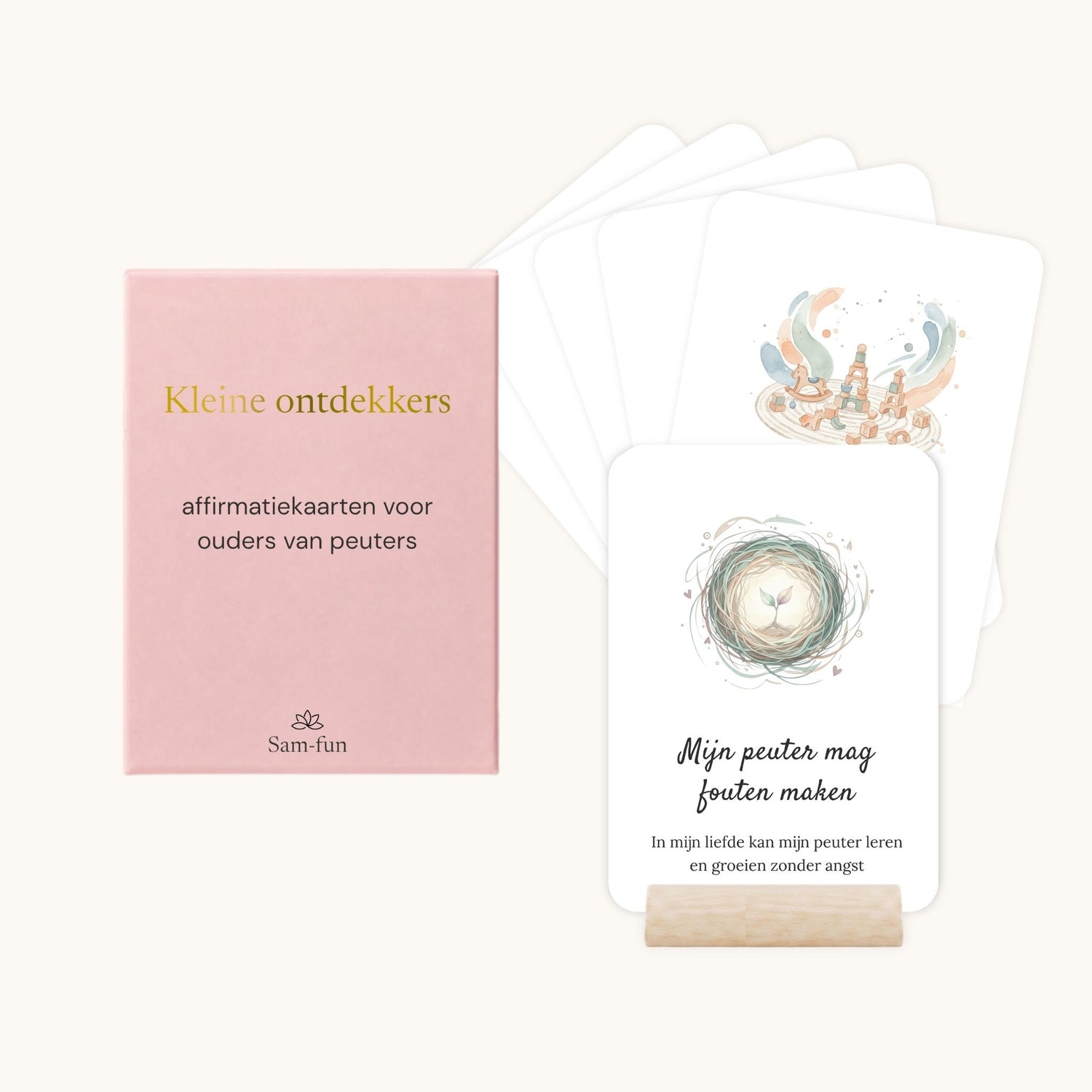 Affirmatiekaarten voor het opvoeden van peuters met subtekst in boho aquarel met houten houder

Afbeelding 2