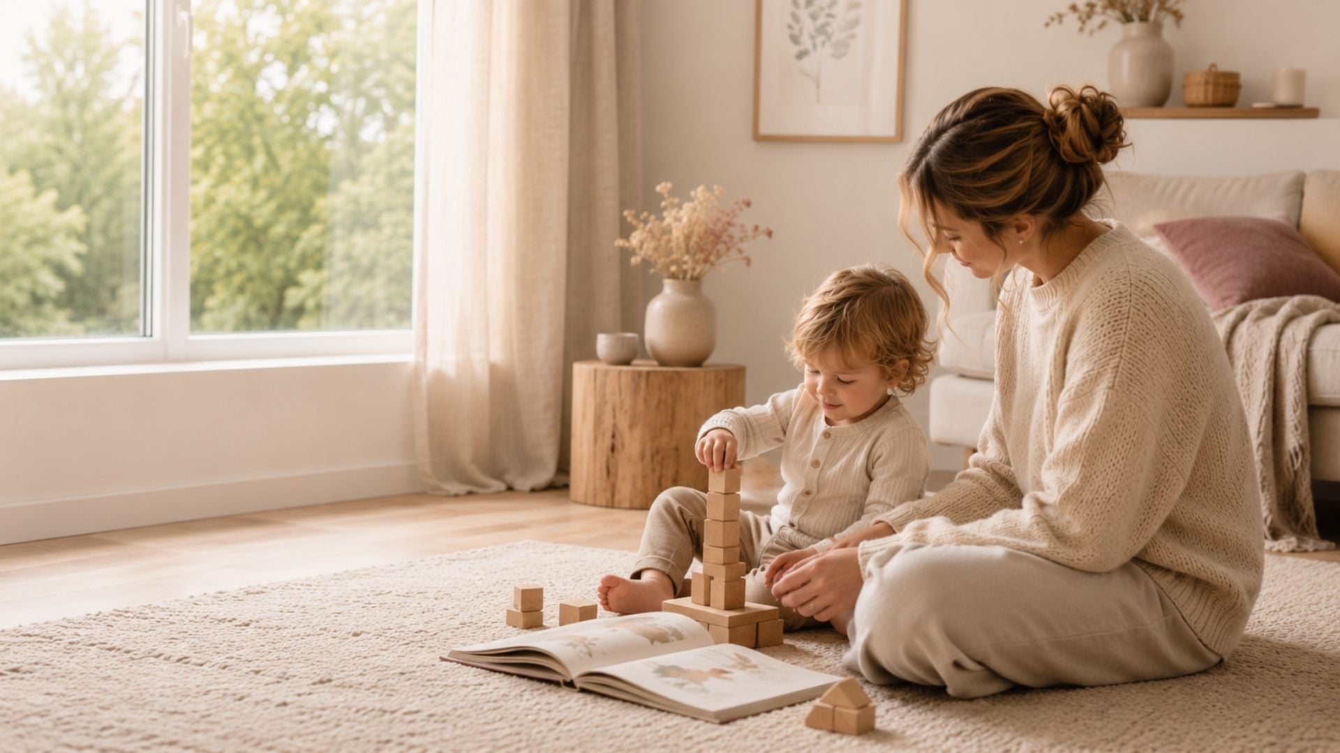 Ouder en peuter spelen samen rustig met houten blokken in een warm Scandinavisch interieur met zacht daglicht en een ontspannen, huiselijke sfeer.