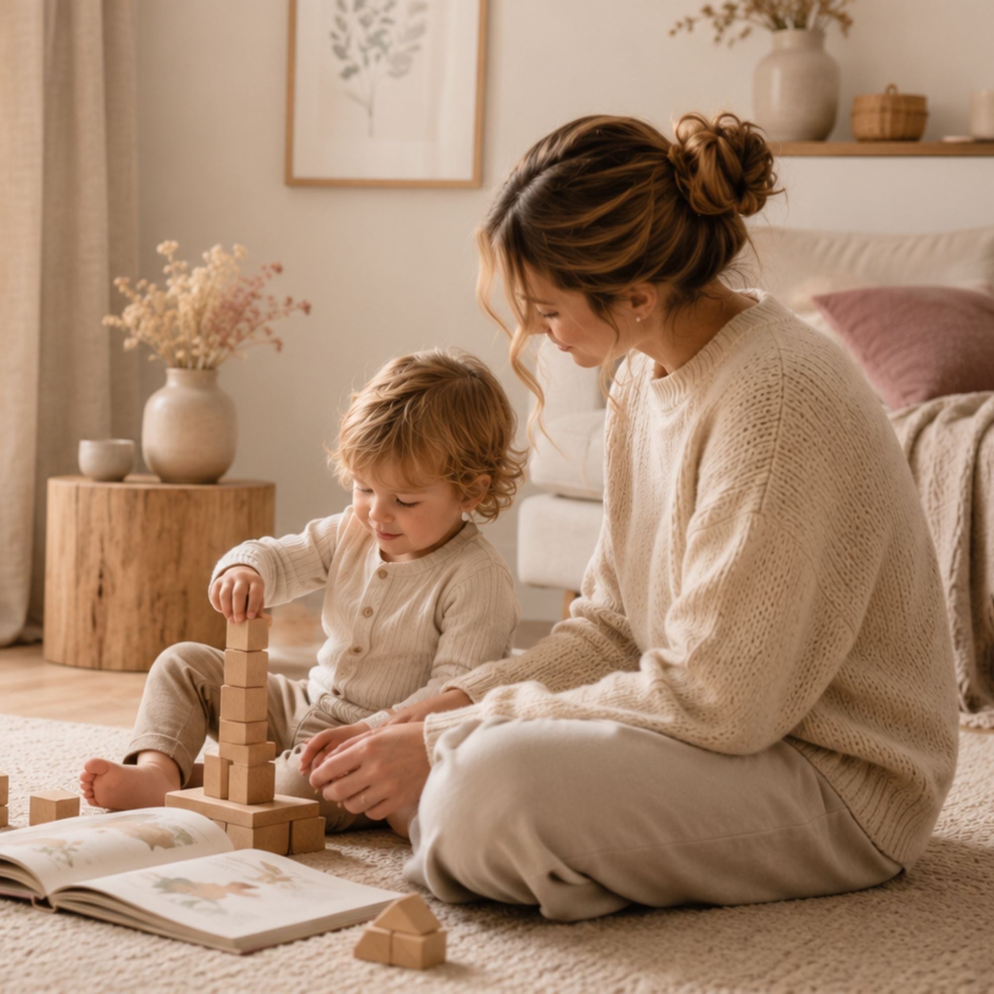 Ouder en peuter spelen samen rustig met houten blokken in een warm Scandinavisch interieur met zacht daglicht en een ontspannen, huiselijke sfeer.