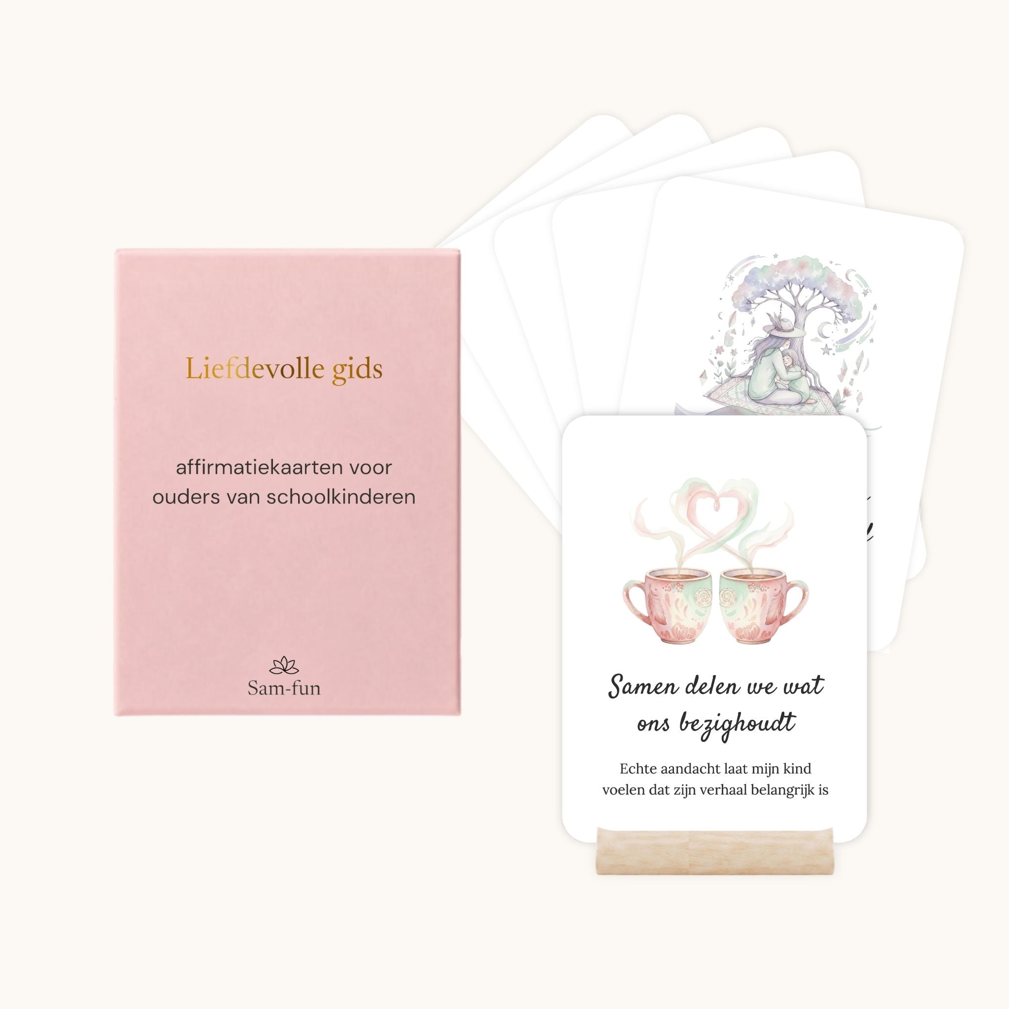 Affirmatiekaarten voor het opvoeden van schoolkinderen met subtekst in boho aquarel met houten houder