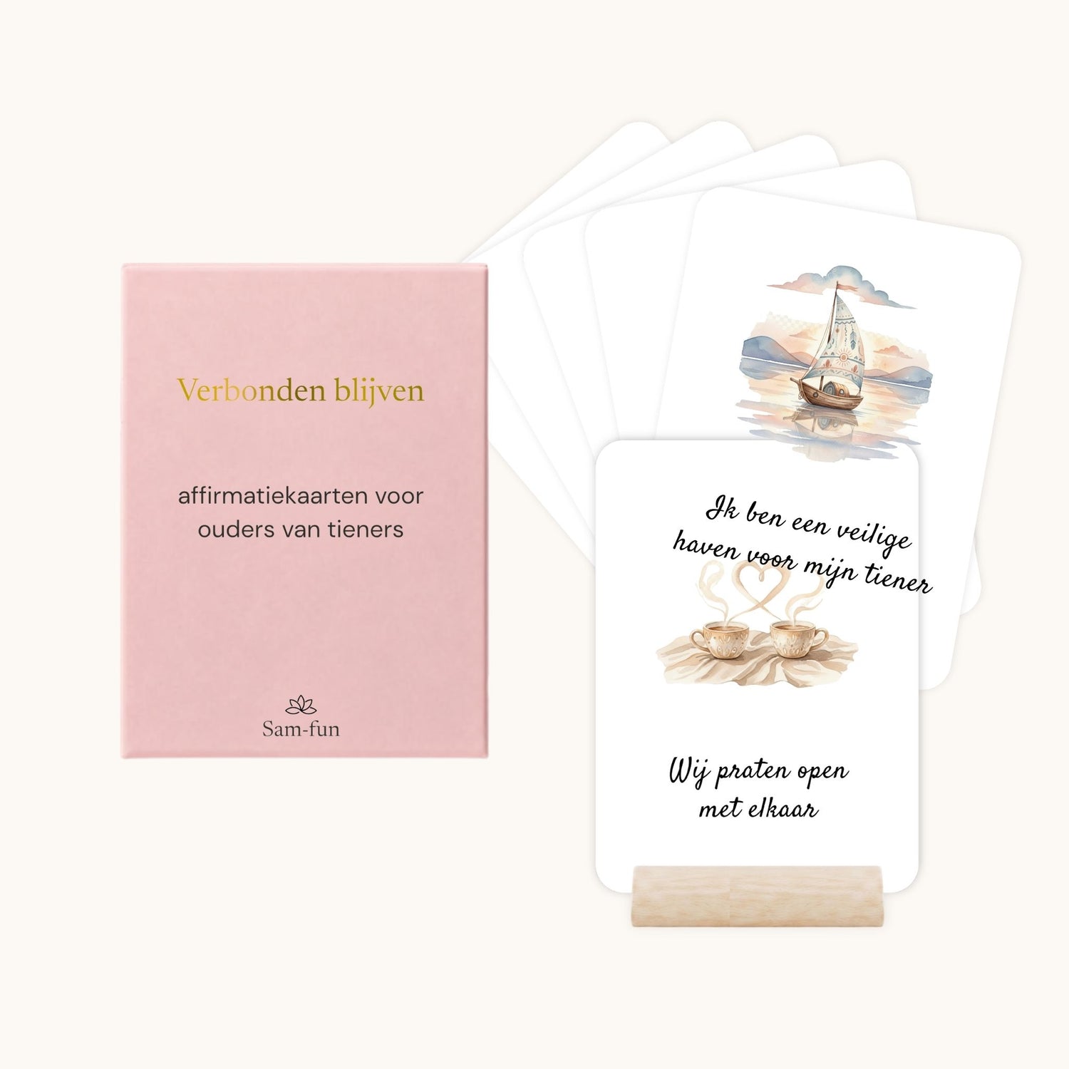 Affirmatiekaarten voor het opvoeden van tieners in boho aquarel met houten houder