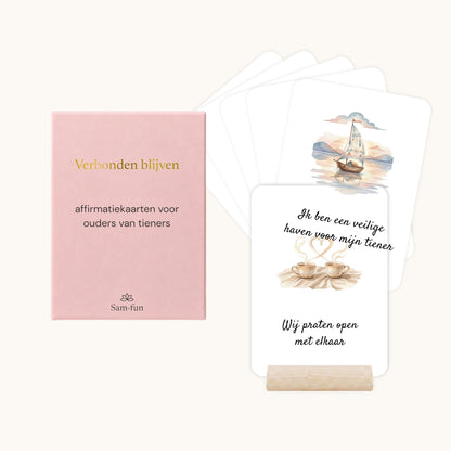 Affirmatiekaarten voor het opvoeden van tieners in boho aquarel met houten houder