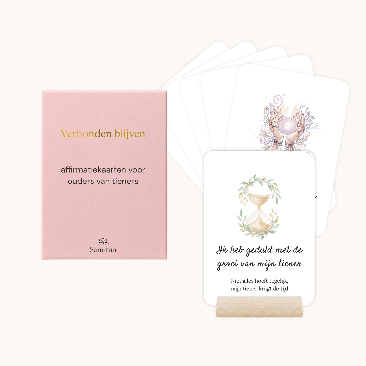 Affirmatiekaarten voor het opvoeden van tieners met subtekst in boho aquarel met houten houder