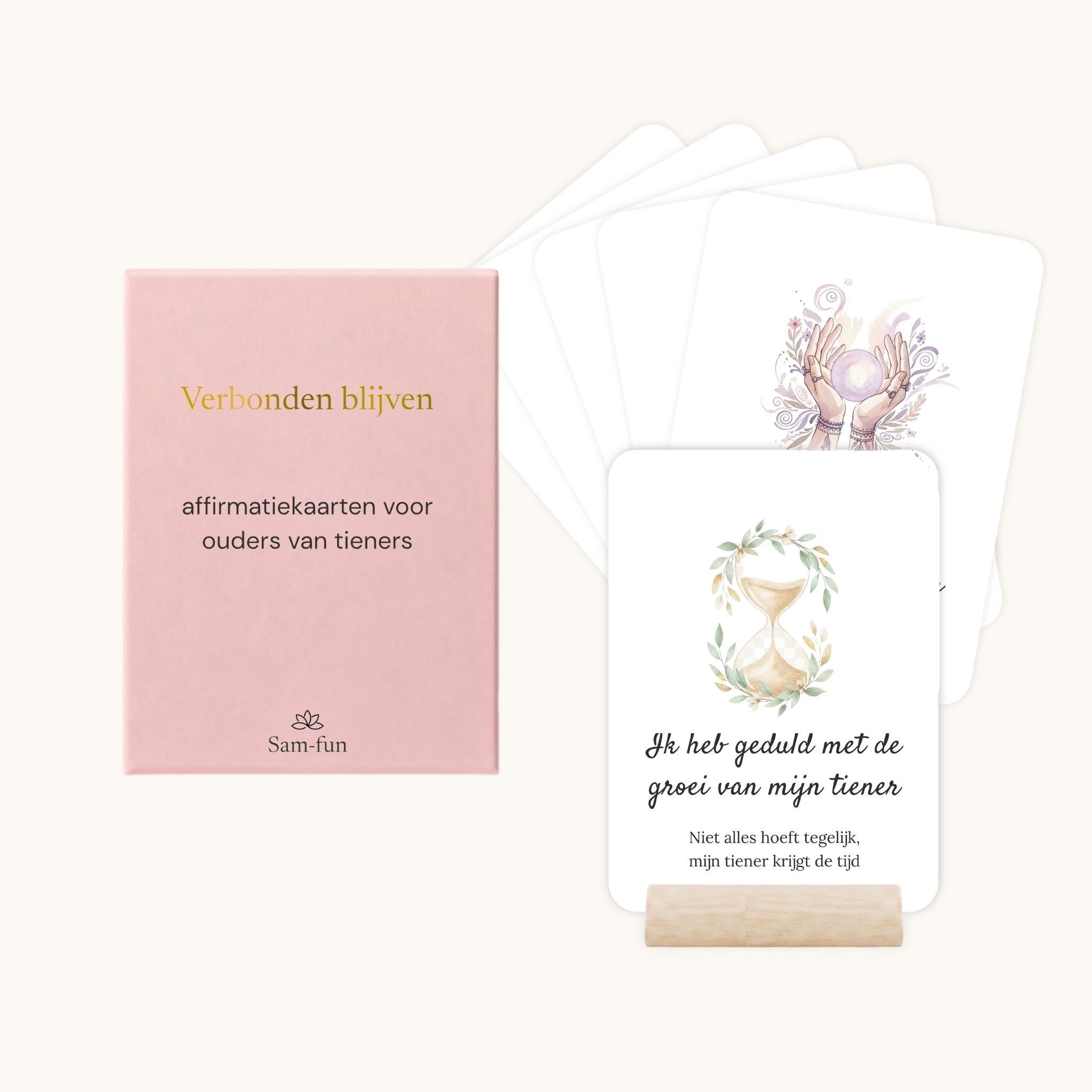 Affirmatiekaarten voor het opvoeden van tieners met subtekst in boho aquarel met houten houder