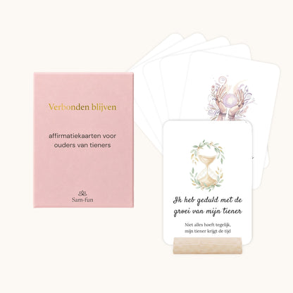 Affirmatiekaarten voor het opvoeden van tieners met subtekst in boho aquarel met houten houder