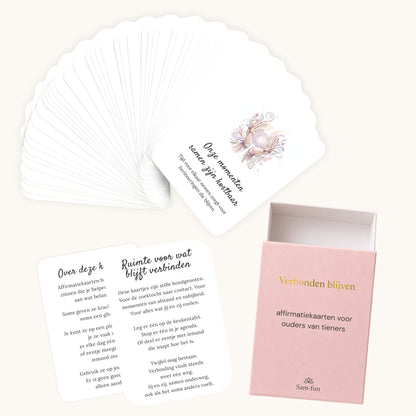 Inhoud van de set affirmatiekaarten voor het opvoeden van tieners met subtekst in boho aquarel