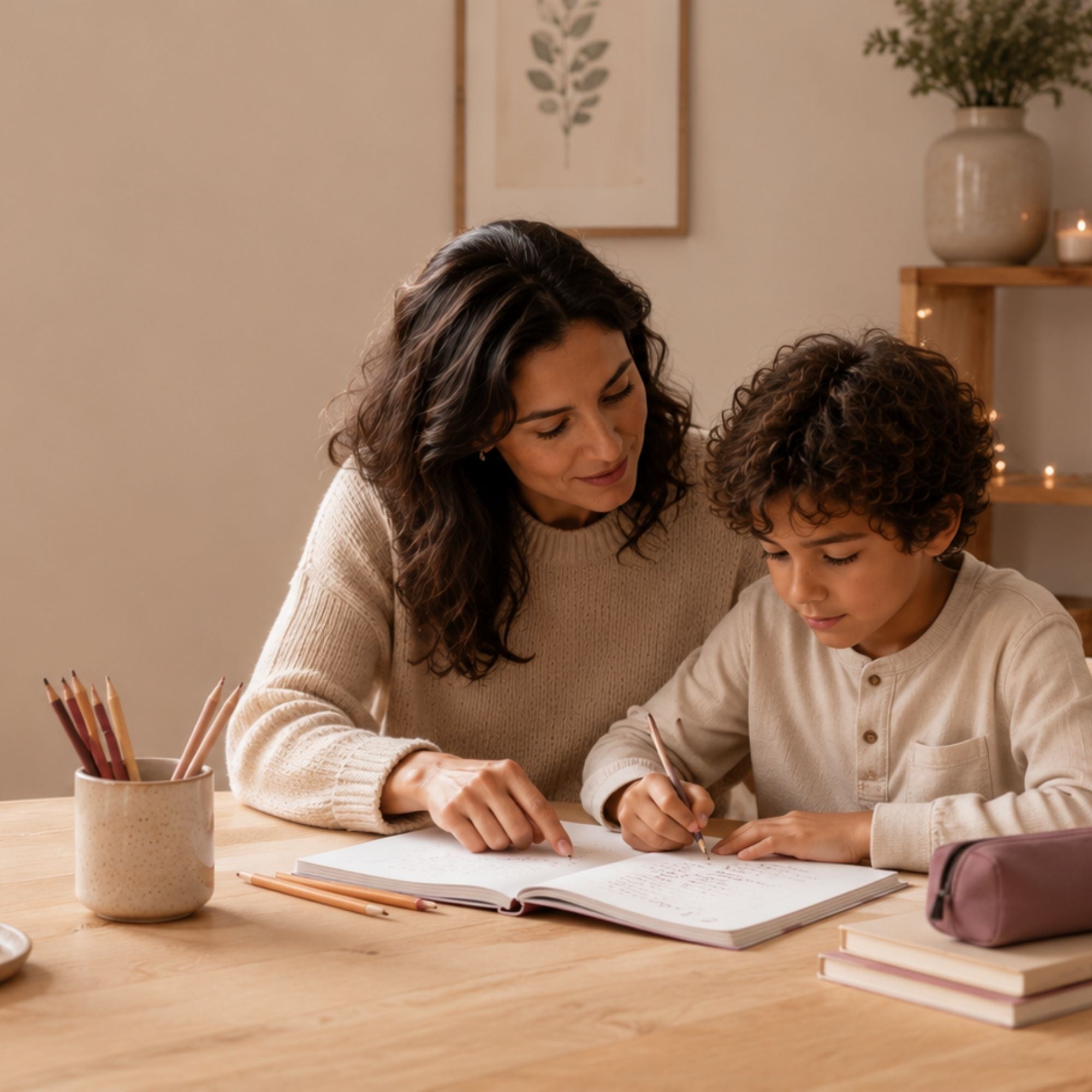 Ouder helpt een schoolkind met huiswerk aan een rustige houten tafel in een warm en huiselijk interieur met zacht daglicht.