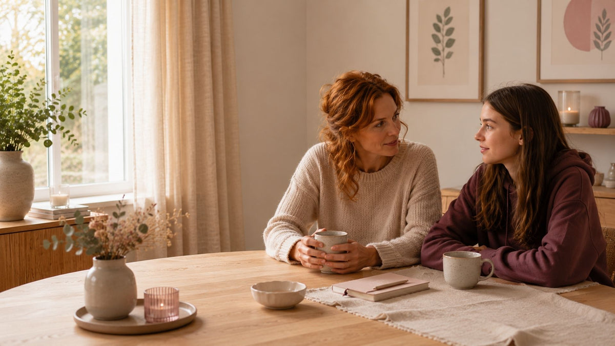 Ouder en tiener voeren samen een rustig gesprek aan tafel met een kop thee in een warme, huiselijke omgeving.