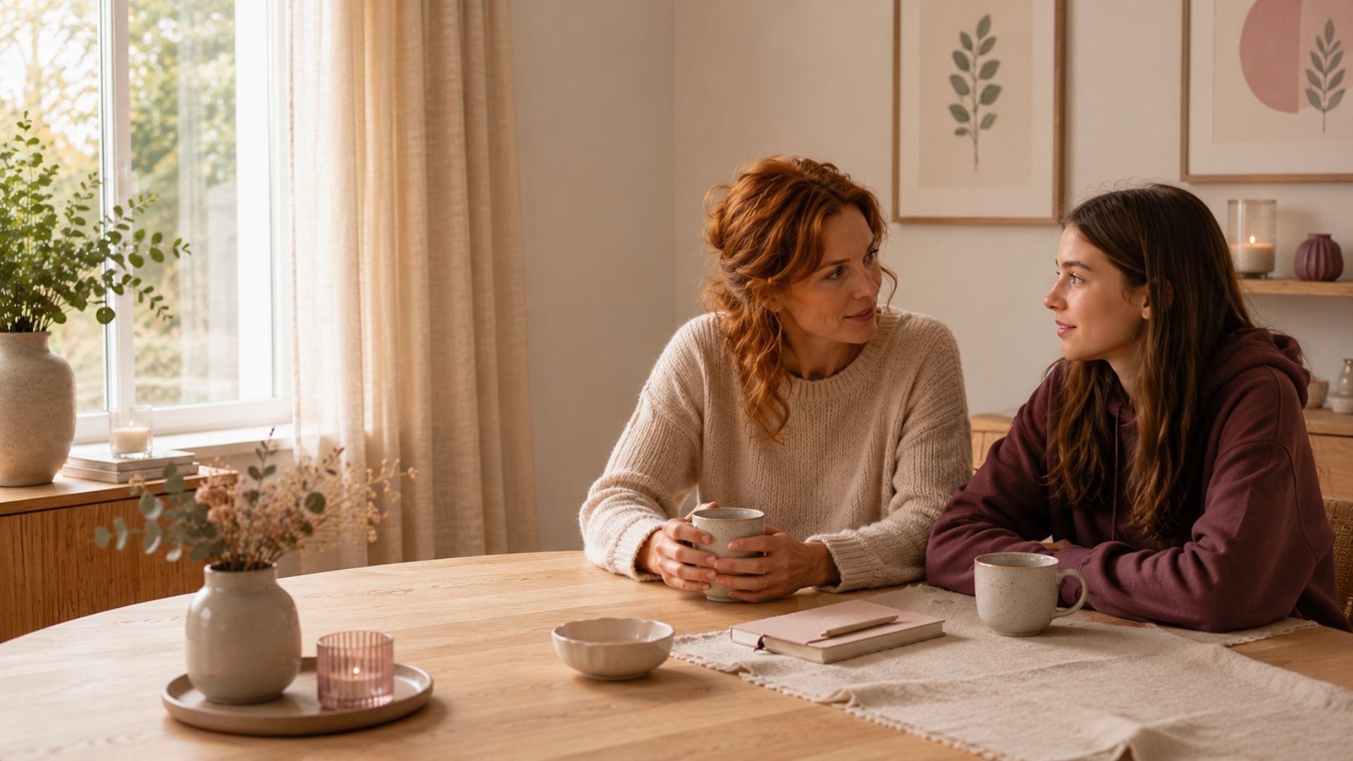 Ouder en tiener voeren samen een rustig gesprek aan tafel met een kop thee in een warme, huiselijke omgeving.