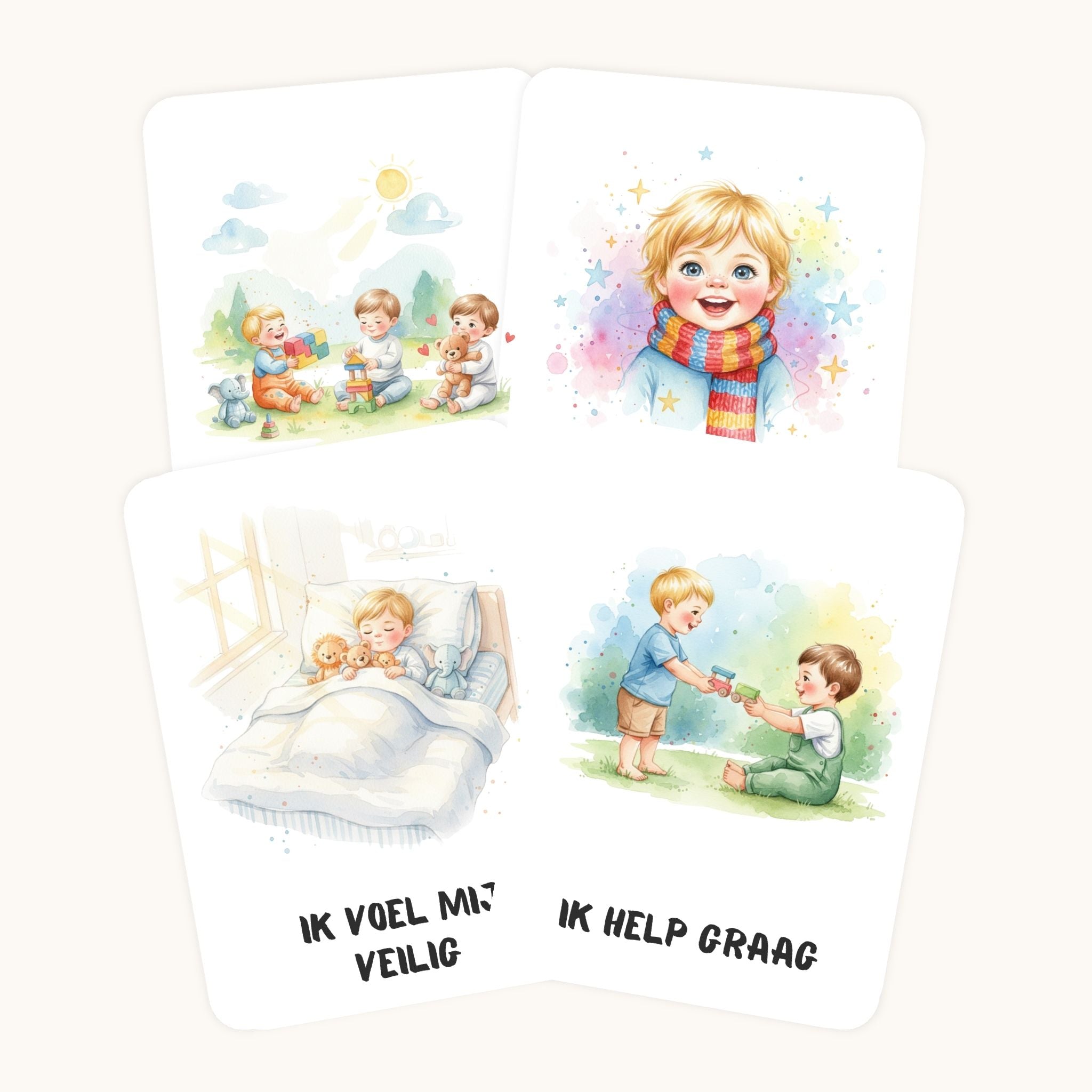 Detail van affirmatiekaarten voor peuters in aquarelstijl voor jongens