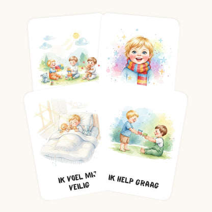 Detail van affirmatiekaarten voor peuters in aquarelstijl voor jongens