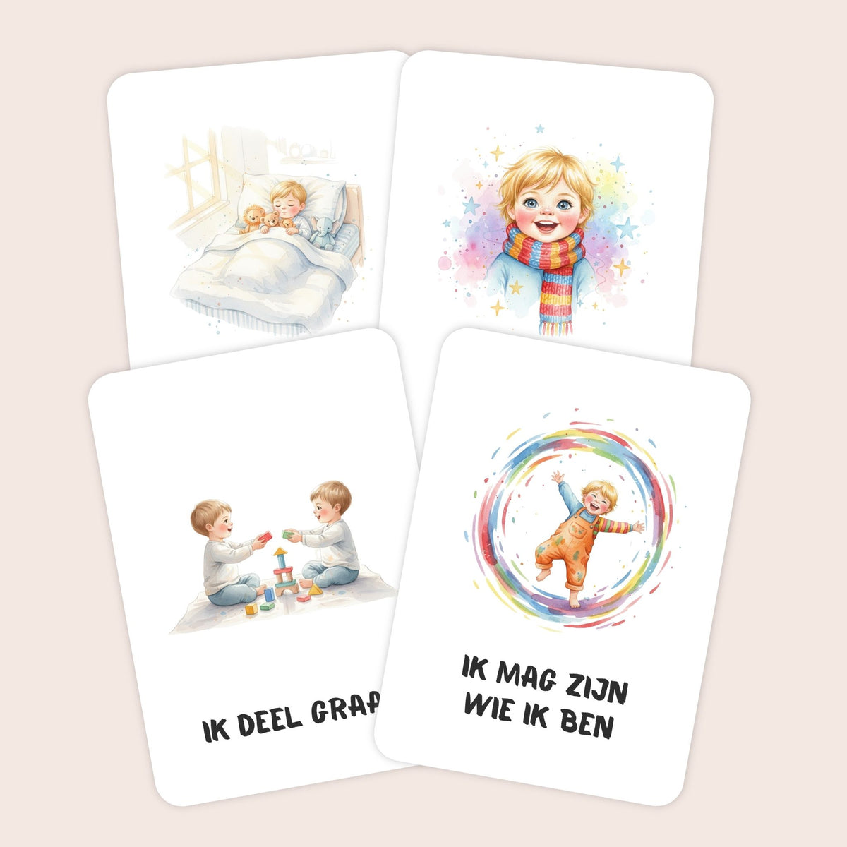 Voorbeelden van affirmatiekaarten voor peuters met illustraties in aquarel voor jongens