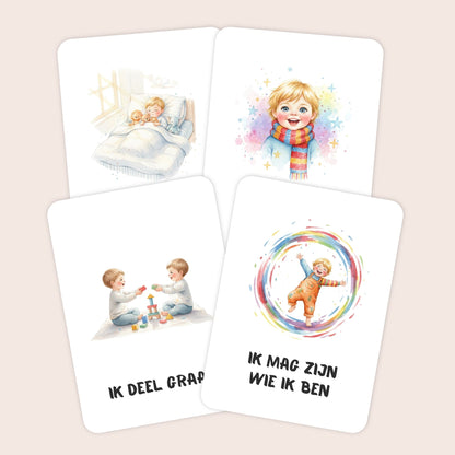 Voorbeelden van affirmatiekaarten voor peuters met illustraties in aquarel voor jongens