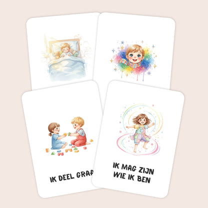 Voorbeelden van affirmatiekaarten voor peuters met illustraties in aquarel voor meisjes
