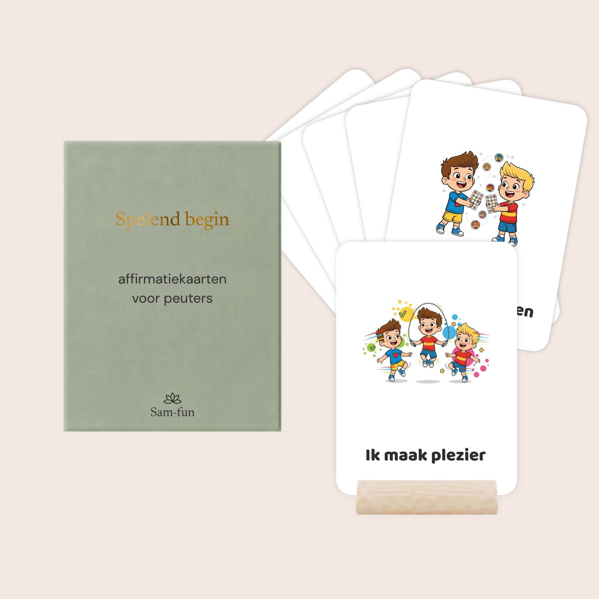 Affirmatiekaarten voor peuters in cartoonstijl met houten kaarthouder