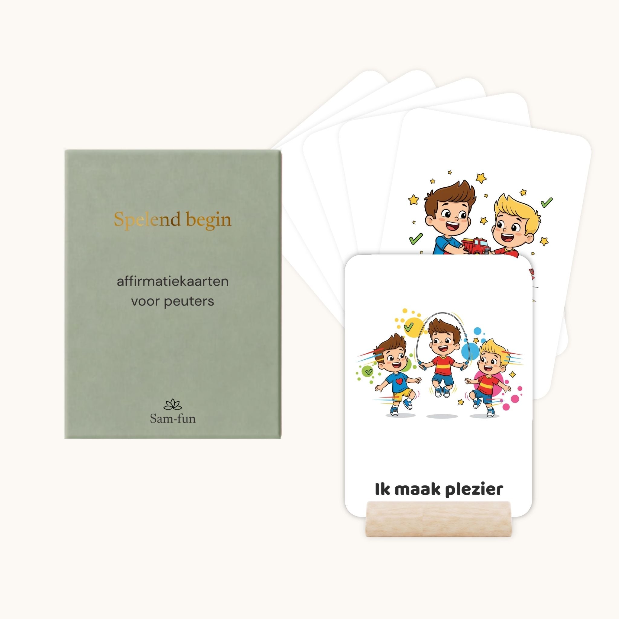 Affirmatiekaarten voor peuters in cartoonstijl met houten houder