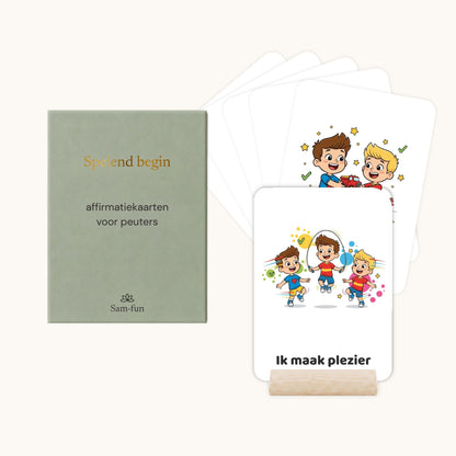 Affirmatiekaarten voor peuters in cartoonstijl met houten houder