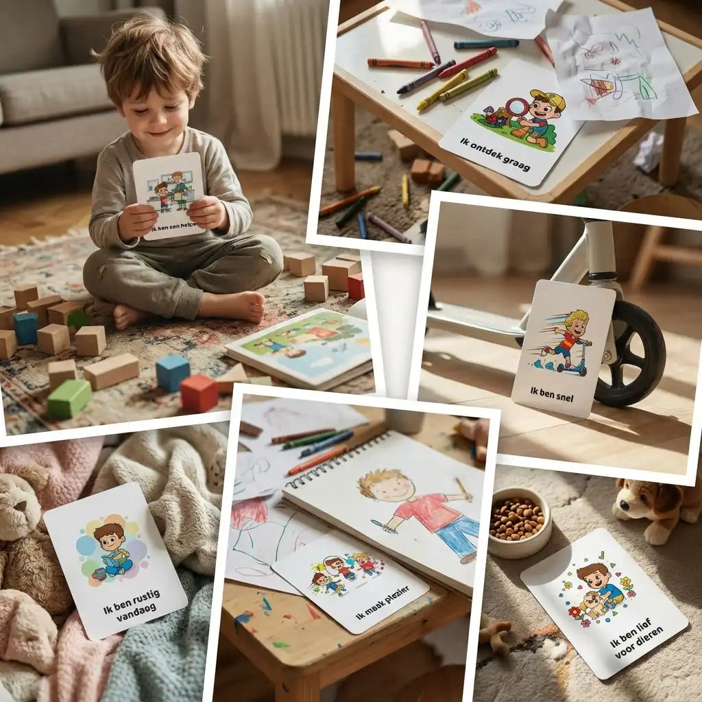 Collage van A7 affirmatiekaarten voor peuters jongens in cartoon stijl, gericht op avontuur en zelfvertrouwen