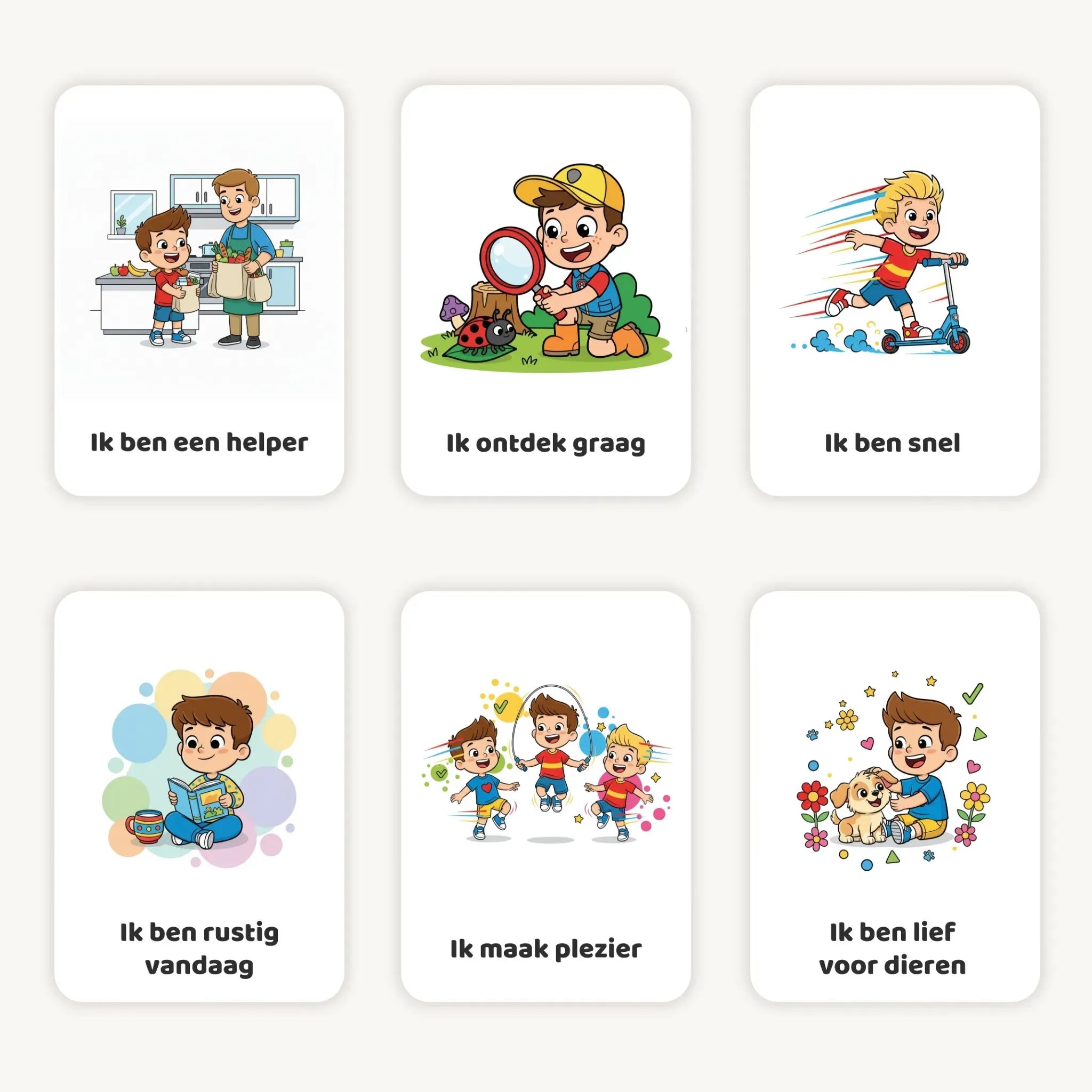 Flatlay van zes A7 affirmatiekaarten voor peuters jongens in cartoon stijl op lichte achtergrond