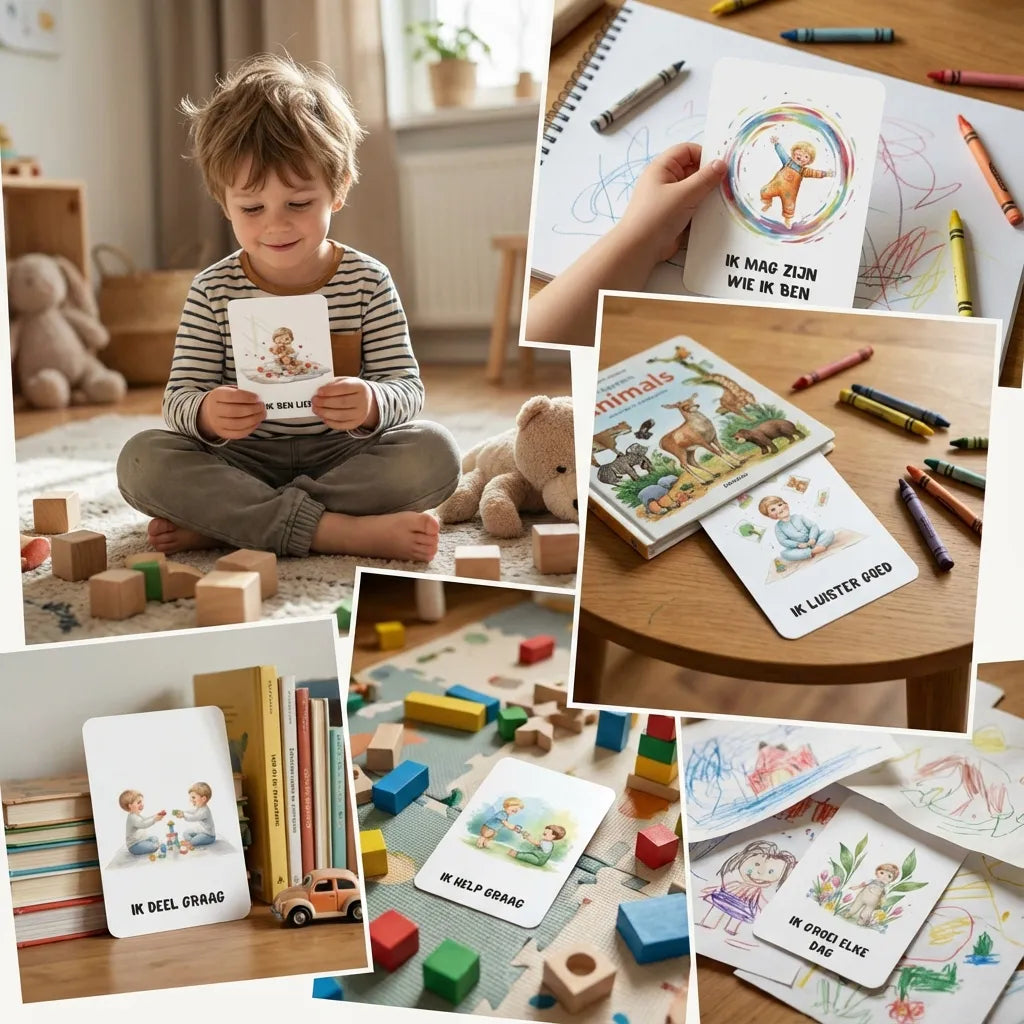 Collage van A7 affirmatiekaarten voor peuters jongens in stoere aquarelstijl, gericht op zelfvertrouwen