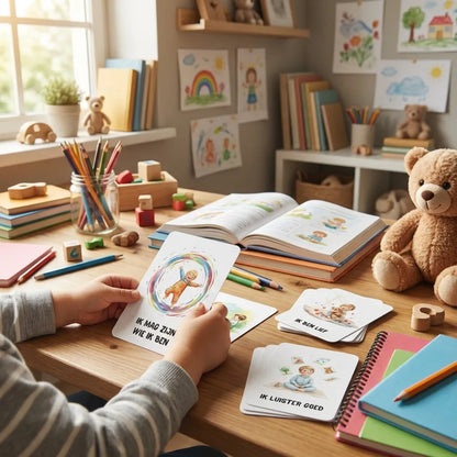 Peuterjongen die A7 affirmatiekaart in stoere aquarelstijl vasthoudt en bekijkt, gericht op zelfvertrouwen