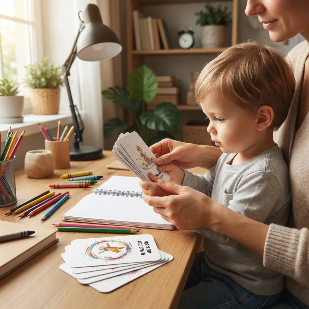 Ouder begeleidt peuterjongen bij het gebruik van A7 affirmatiekaarten in stoere aquarelstijl voor zelfvertrouwen
