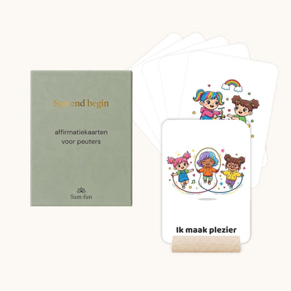 Affirmatiekaarten voor peuters in kawaiistijl met houten houder