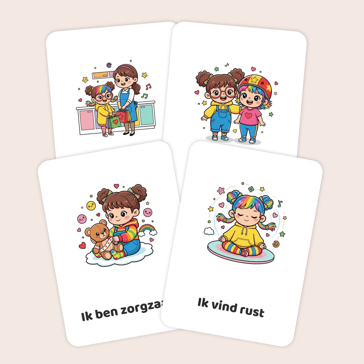Voorbeelden van affirmatiekaarten voor peuters met kawaii-illustraties