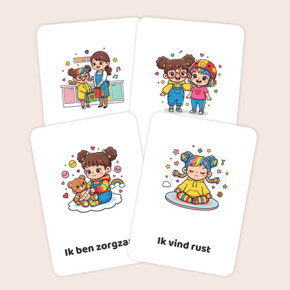 Voorbeelden van affirmatiekaarten voor peuters met kawaii-illustraties