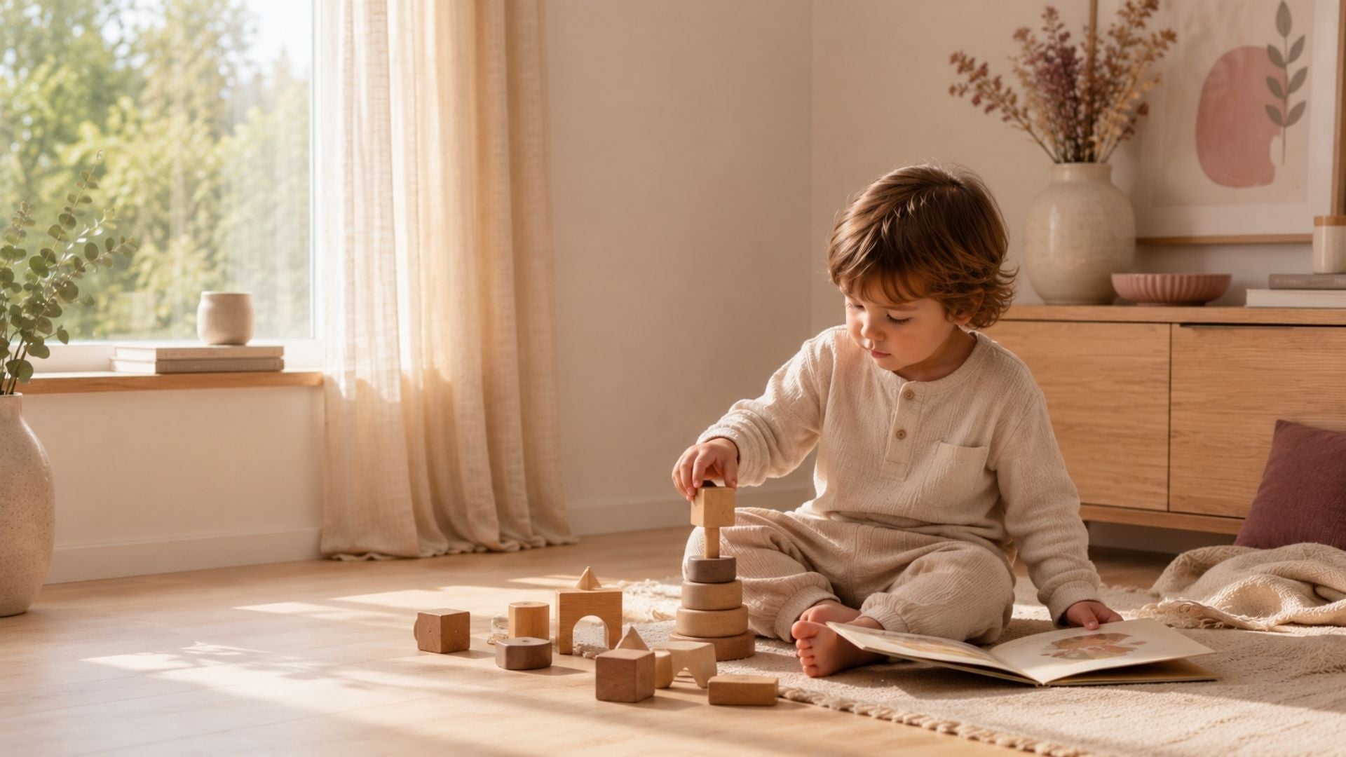 Peuter die rustig met houten speelgoed speelt in een warme, huiselijke omgeving met zacht daglicht.