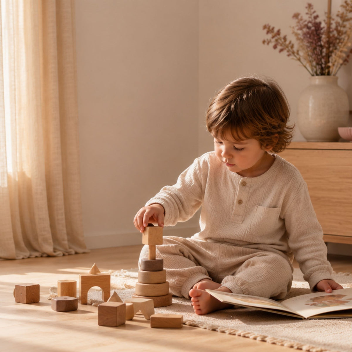 Peuter die rustig met houten speelgoed speelt in een warme, huiselijke omgeving met zacht daglicht.