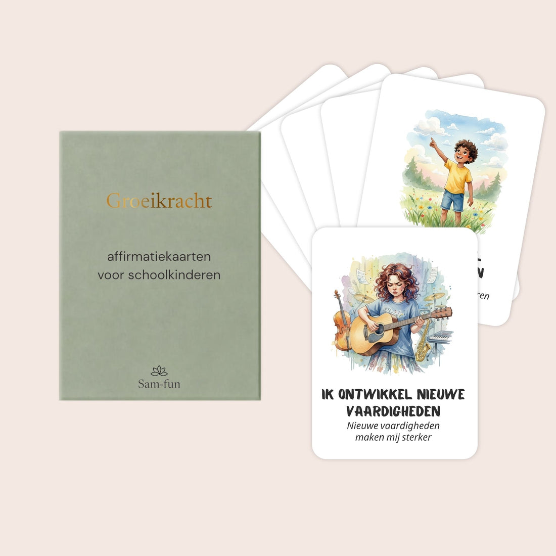 Affirmatiekaarten voor schoolkinderen in aquarel met subtekst