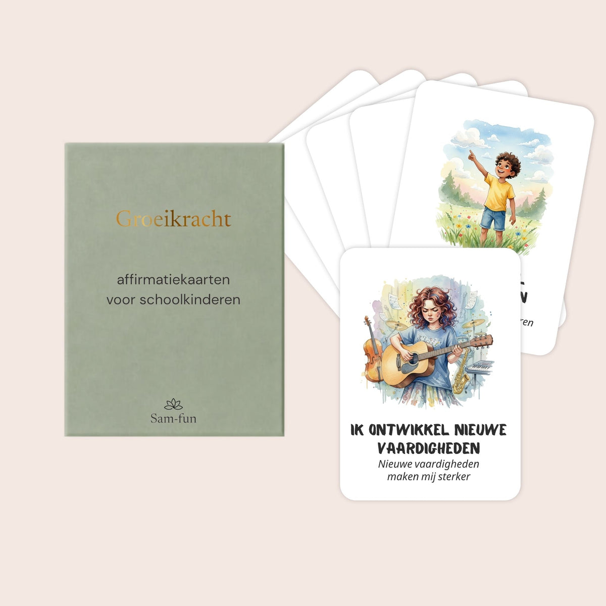 Affirmatiekaarten voor schoolkinderen in aquarel met subtekst