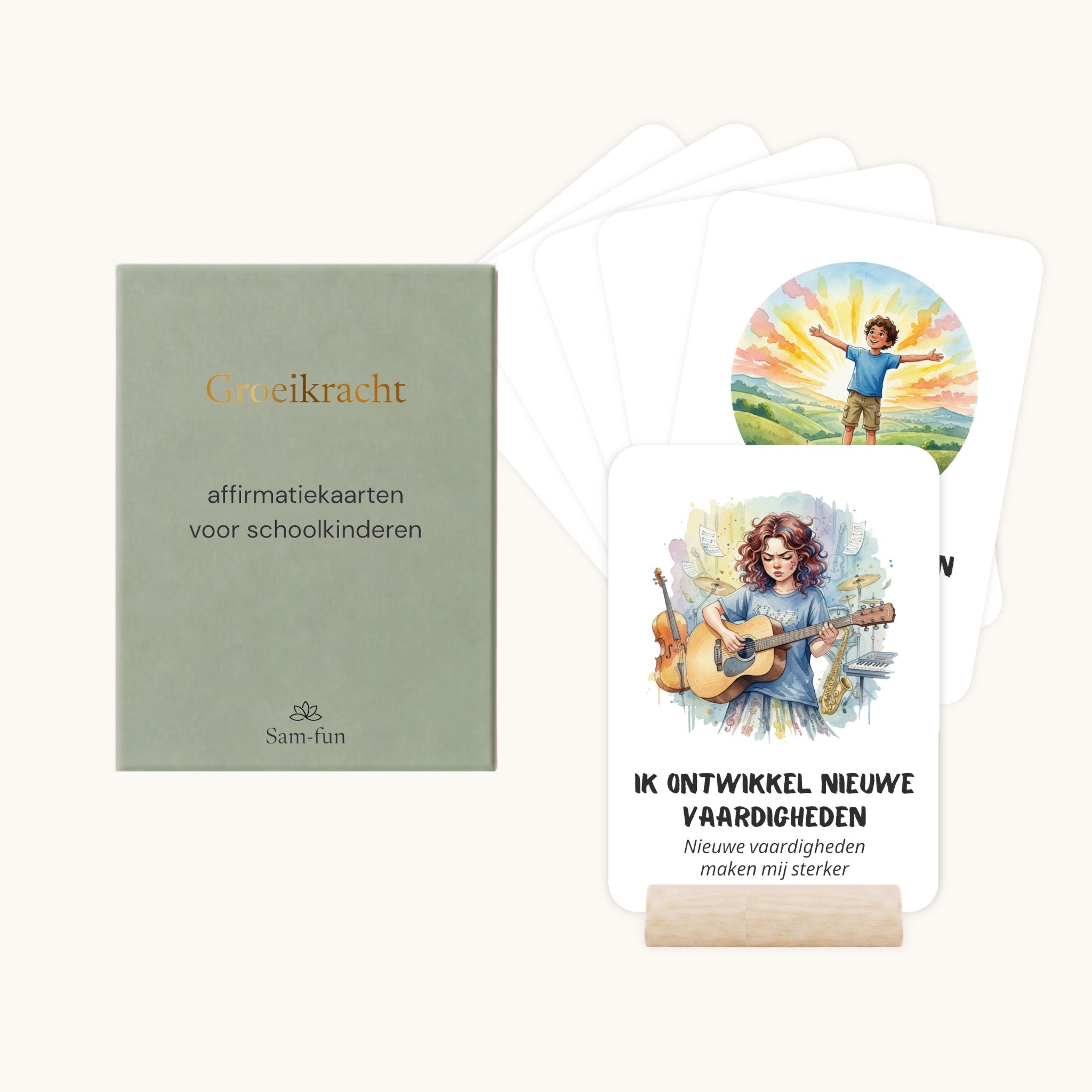 Affirmatiekaarten voor schoolkinderen met subtekst in aquarelstijl met houten houder